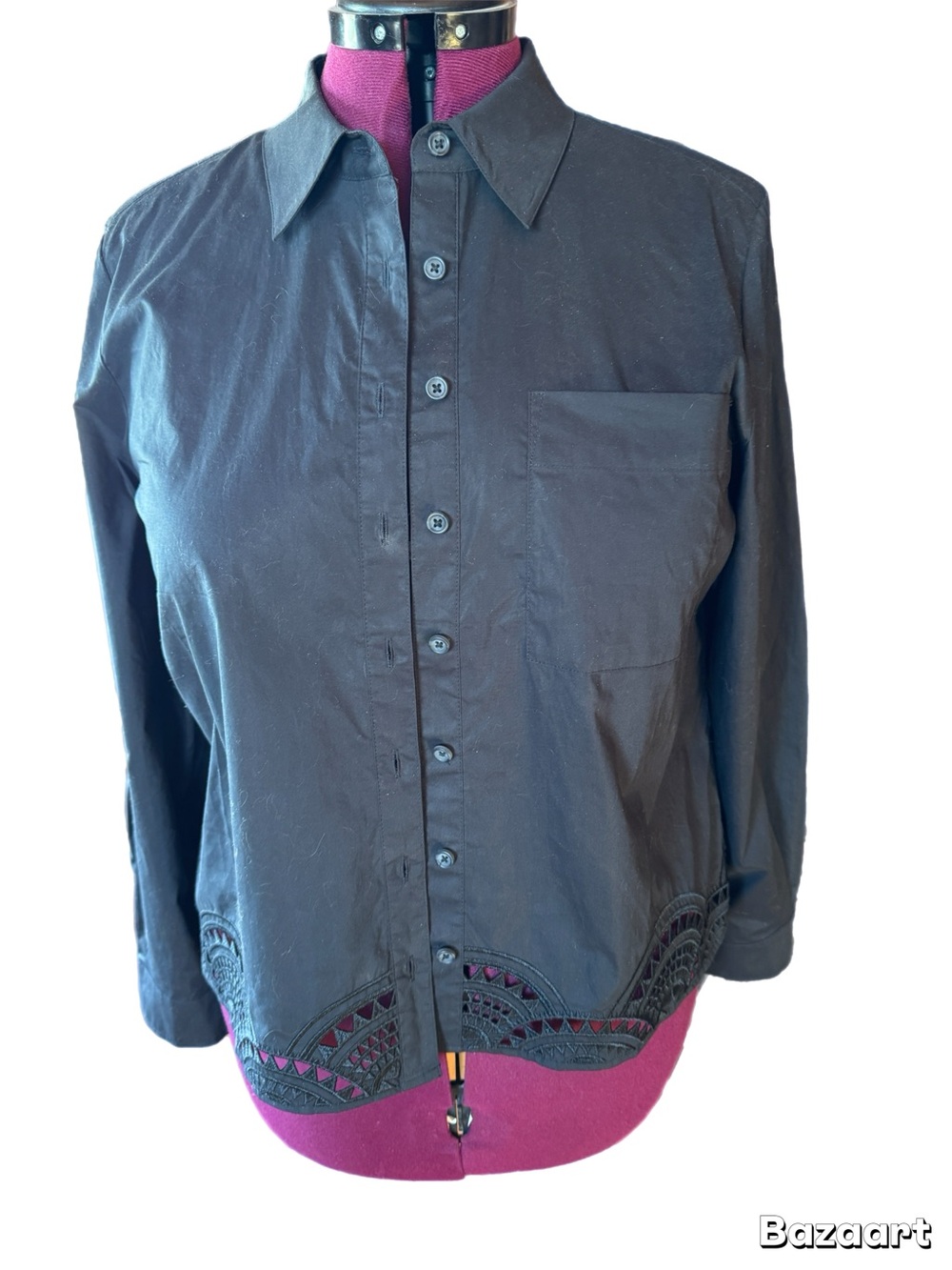 Chico's Black Button-Front Shirt or jacket with Cutwork Hem